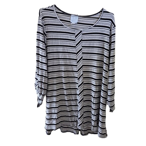Sunday Striped Relaxed Fit Long Sleeve Top with Ruched Roll Tab Cuffs - Picture 1 of 3